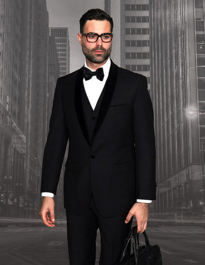 Mens Vested Wool Tuxedo with Velvet Shawl Lapel in Black 1 ENCORE-V_BLACK_46R  - from alligatorwarehouse.com