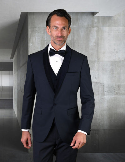 Mens Vested Wool Tuxedo with Velvet Shawl Lapel in Navy 1 ENCORE-V_NAVY_34S  - from alligatorwarehouse.com