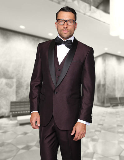 Mens Vested One Button Shiny Shawl Lapel Tuxedo in Burgundy 1 ENZO-1_PLUM_36R  - from alligatorwarehouse.com