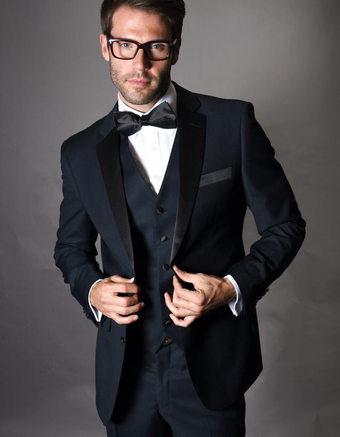 Mens 2 Button Modern Fit Vested Wool Tuxedo in Navy Blue - Mens Slim Fitted Tuxedo