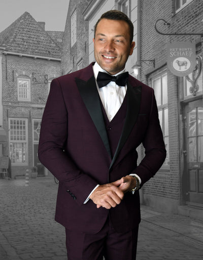 Mens 1 Button Peak Lapel Vested Wool Tuxedo in Burgundy 1 PI-4228  - from alligatorwarehouse.com