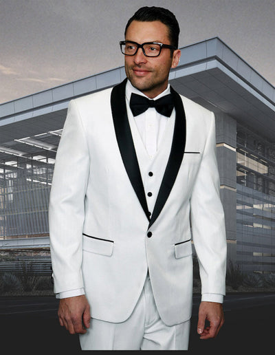 Mens Vested One Button Shiny Sharkskin Shawl Lapel Tuxedo in White 1 ENZO-7_WHITE_36S  - from alligatorwarehouse.com