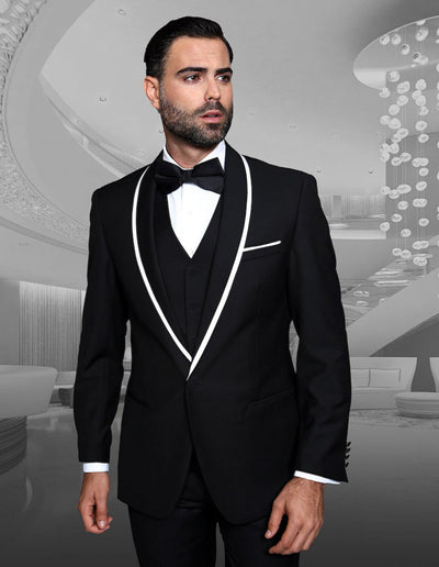 Mens Vested Wool Tuxedo in Shawl Lapel with Satin Trim in Black 1 GENOVA_BLACK_36S  - from alligatorwarehouse.com