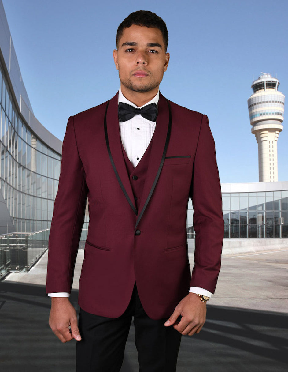 Mens Vested Wool Tuxedo in Shawl Lapel with Satin Trim in Burgundy & Black 1 GENOVA_BURGUNDY_44S  - from alligatorwarehouse.com