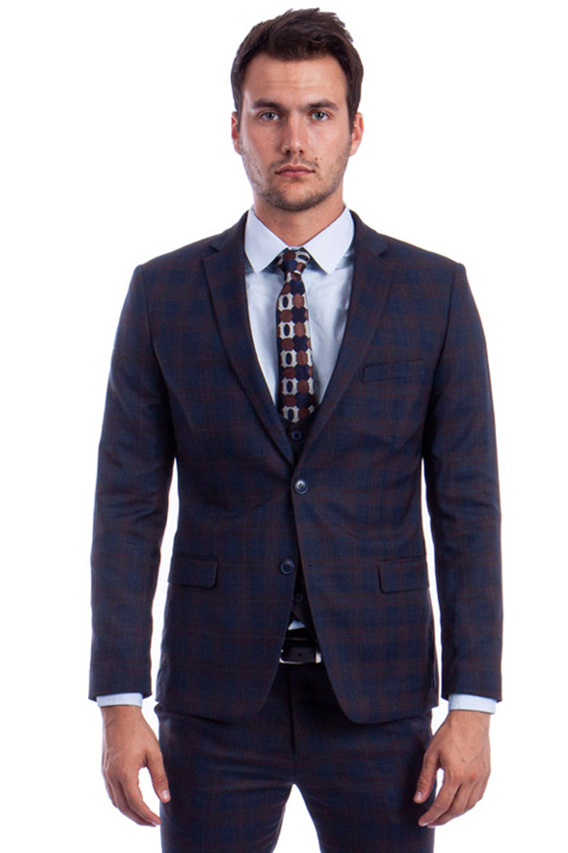 "Men's Fit Two Button Plaid Suit with Low Cut Vest - Blue & Brown"