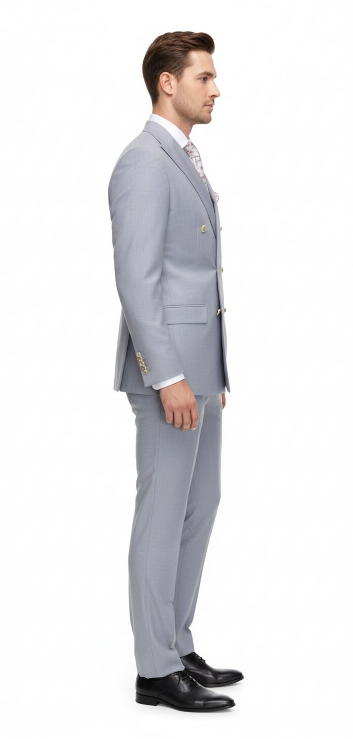 Mens Silver Grey Double-Breasted 3-Piece Suit – Classic Tailored Fit with Peak Lapel and Gold Buttons for Weddings, Church and Formal Events