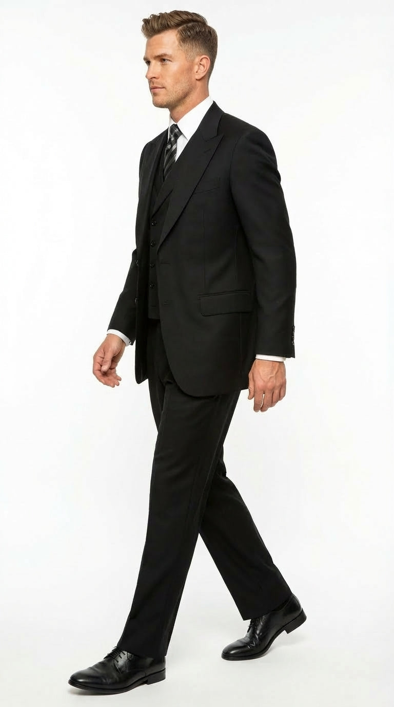 Tiglio Mens Black 3 Piece Suit – Single Button Classic Fit Pleated Wide Leg Pants Formal Business Church Suit - 100% Wool