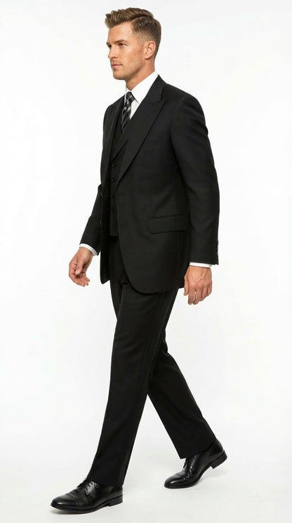 Tiglio Mens Black 3 Piece Suit – Single Button Classic Fit Pleated Wide Leg Pants Formal Business Church Suit - 100% Wool