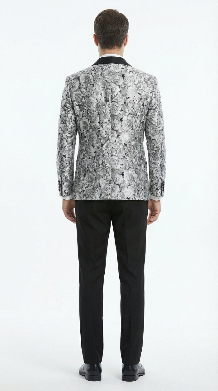 Mens Black and Silver Floral Tuxedo – Luxury Patterned Wedding, Prom and Formal Dinner Tuxedo