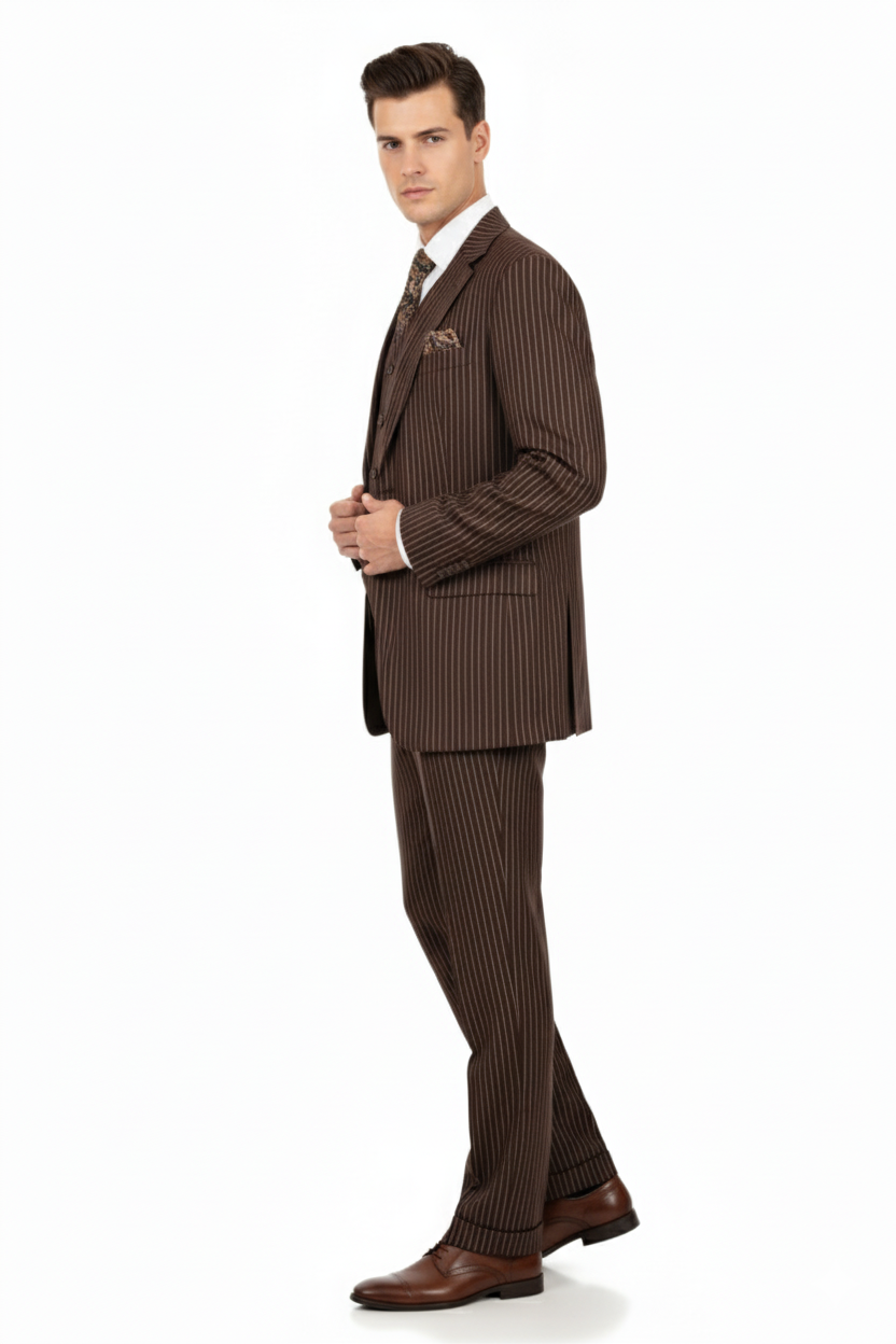Men’s Brown Pinstripe 3-Piece Suit – Classic Business and Formal Wear with Vest