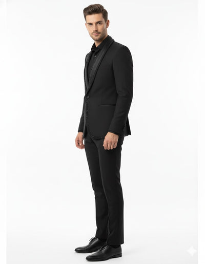 Mens Classic Black Designer Tuxedo Suit with Beaded Lapel – Elegant Formal and Party Wear Jacket and Pants 1   - from alligatorwarehouse.com