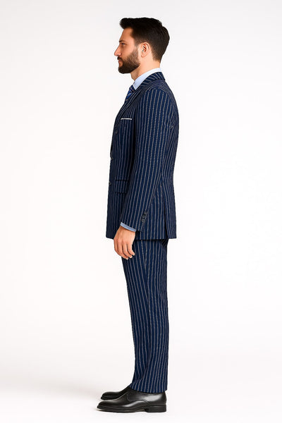 Mens Royal Blue Pinstripe Double-Breasted Suit – 6-Button Classic Vintage Gangster Style in Indigo Cobalt Blue  Pinstripe Color