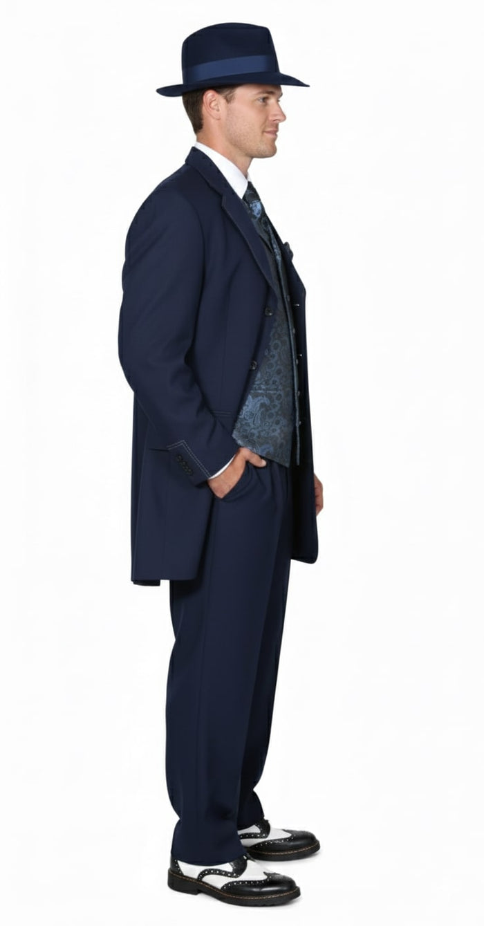 Mens 1920s Navy Blue Zoot Suit – Vintage Gangster 3-Piece Long Jacket Suit Classic Fit Pleated Pants