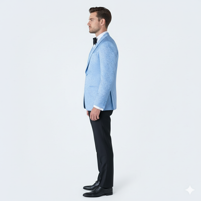 Men’s Light Blue Paisley Tuxedo Jacket – Elegant Satin Shawl Lapel Dinner Blazer for Weddings, Proms in Sky Powder Blue Color Bowtie 4   - from alligatorwarehouse.com