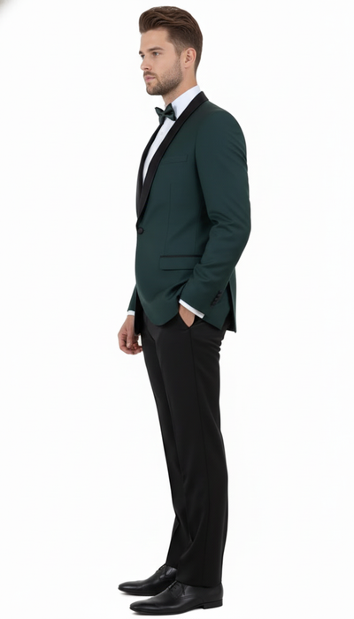 Men’s Green Tuxedo Suit – Slim Fit Jacket with Black Satin Shawl Lapel and Black Pants in Hunter Green 5   - from alligatorwarehouse.com