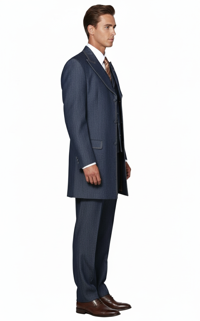 Men’s Cotton Denim Three-Piece Suit – Modern Blazer Denim Suit with Vest and Trousers Pleated Pants Classic Fit