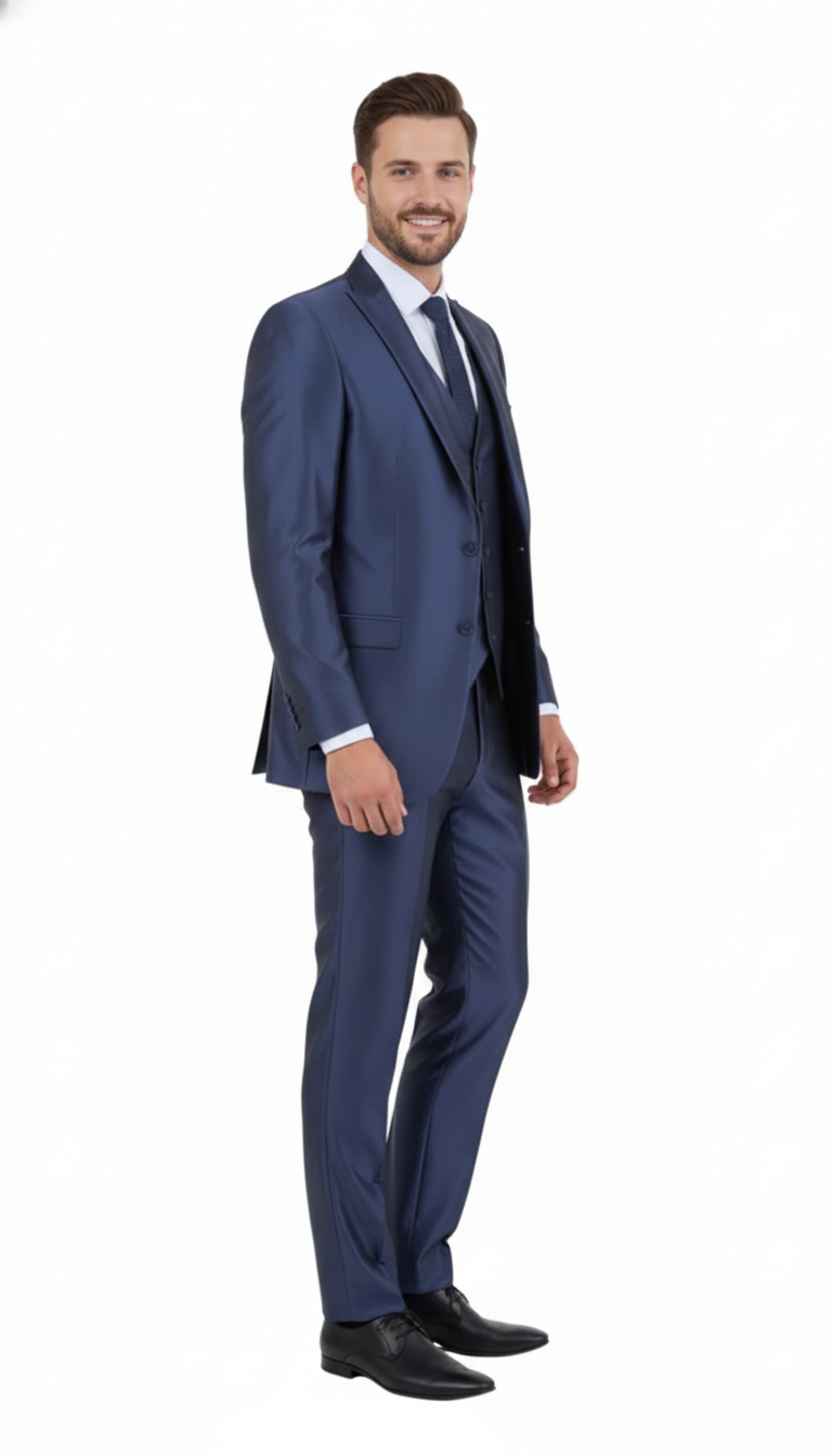 Men’s Navy Blue Shiny Finish 3-Piece Suit Set – Premium Tailored Fit Formal Wedding and Party Sateen Slim Fitted Suit