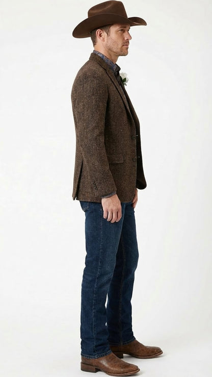 Men’s Brown Western Tweed Herringbone Blazer Jacket – Classic Cowboy Style Sport Coat for Wedding Party