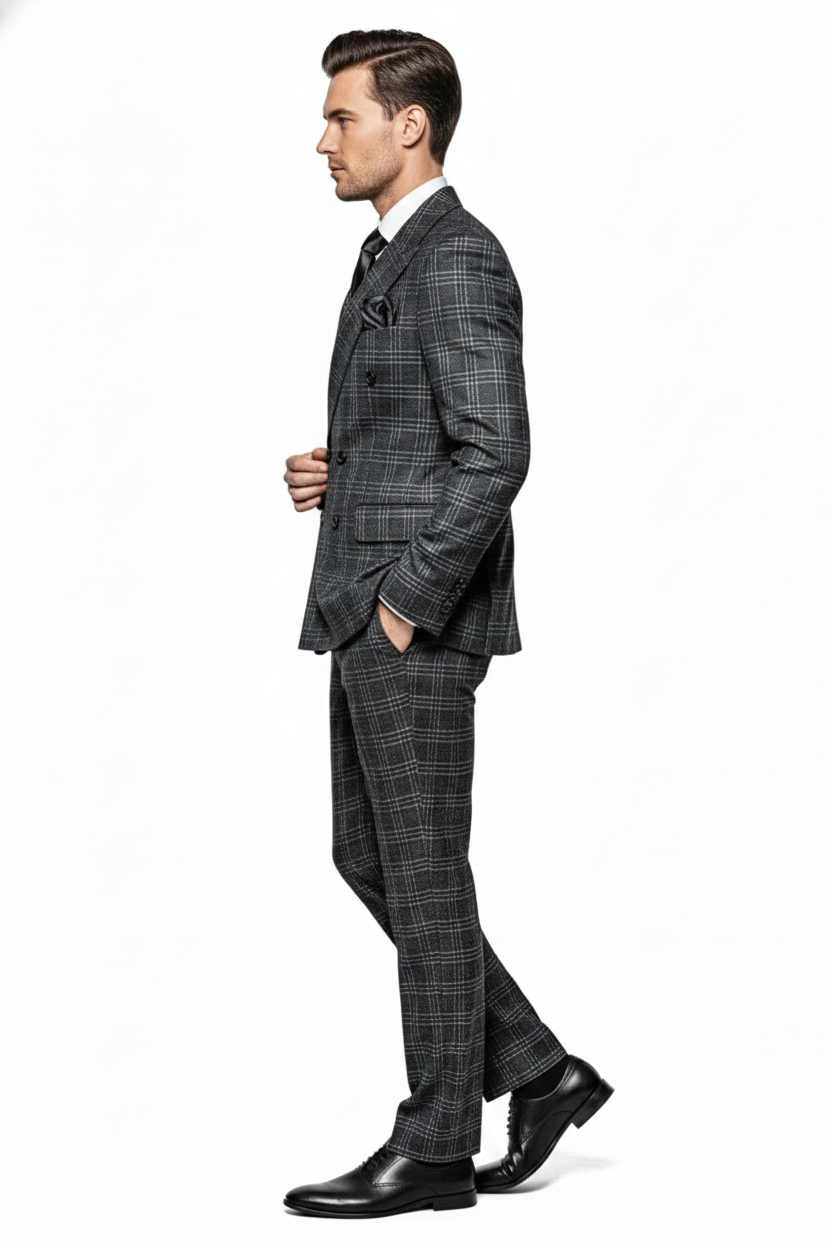 Men’s Charcoal Plaid Double-Breasted Suit –  Tailored Pants Windowpane Pattern By Rossiman