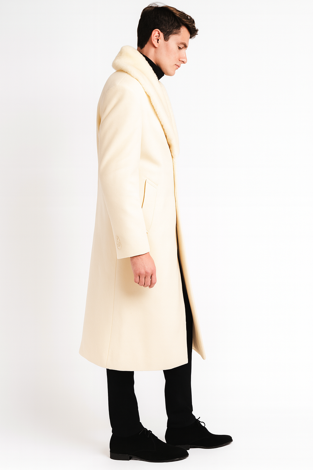 Men’s Ivory - Cream - Off White Full-Length Overcoat with Luxurious Faux Fur Shawl Collar – Winter Dress Coat 6   - from alligatorwarehouse.com
