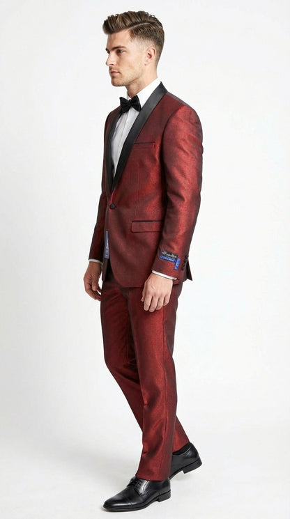 Men’s Shiny Burgundy Satin Tuxedo Jacket with Black Shawl Lapel | Formal Wedding & Prom Blazer - Sharkskin Fabric