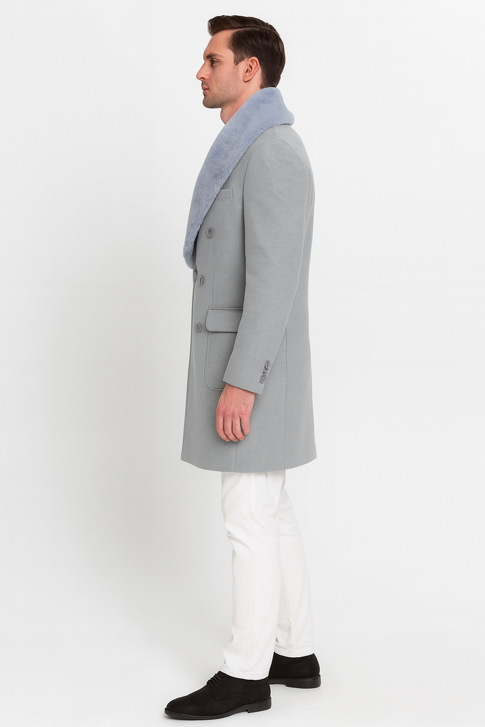 Men’s Light Grey Double Breasted Overcoat with Faux Fur Shawl Collar – Winter Luxury Coat Wool Fabric