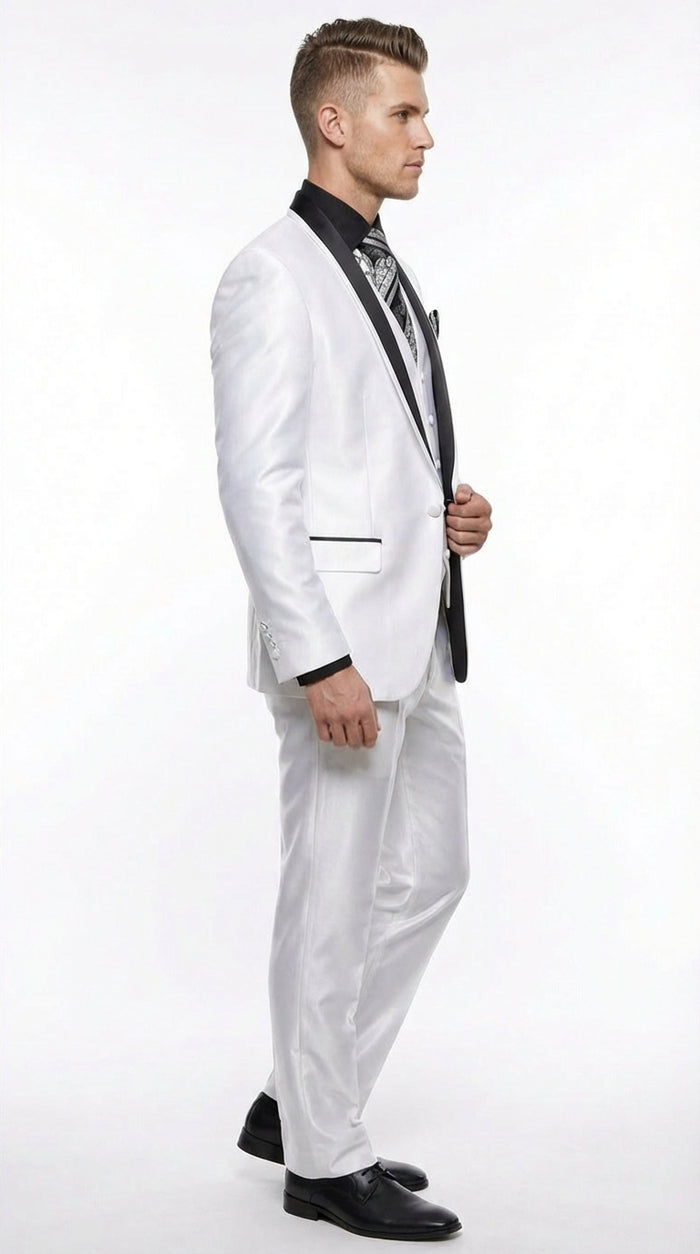 Men’s White Shiny Flashy Fabric Tuxedo Suit with Black Shawl Lapel | Luxury Formal Wedding and Evening Suits Sharkskin Metallic Fabric