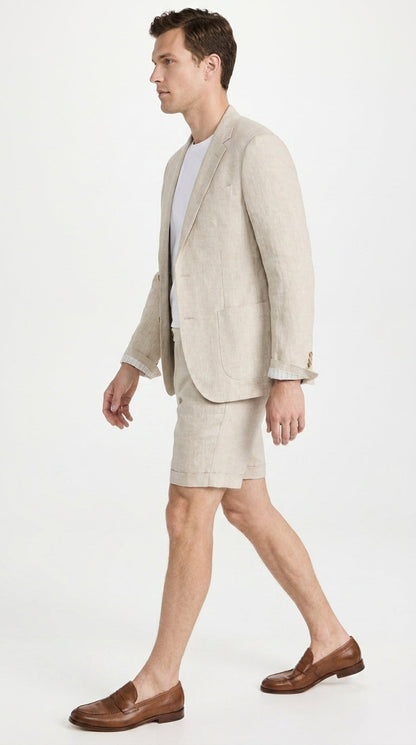 Men’s Tan Linen Suit with Shorts, 2 Piece Summer Short Suit, Casual Beach Wedding Outfit