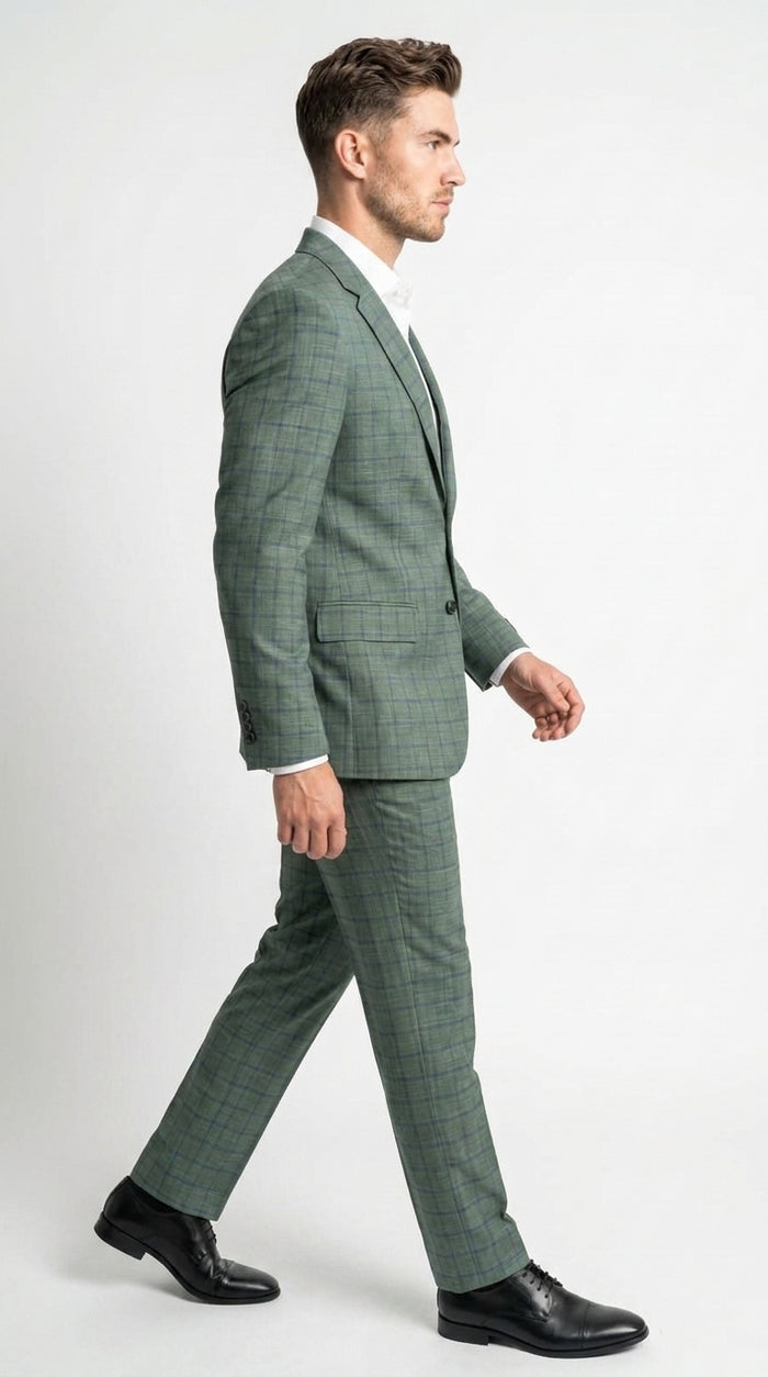 Men’s Tartan olive Green with blue checker Windowpane 2-Piece Suit – Modern Fit Plaid, Business and Formal Suit english styl