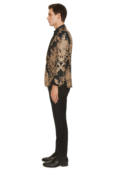 Mens Black and Rose Gold Floral Embroidered Blazer Suit Black Pants – Luxury Tuxedo Jacket for Weddings, Proms and Parties 3   - from alligatorwarehouse.com
