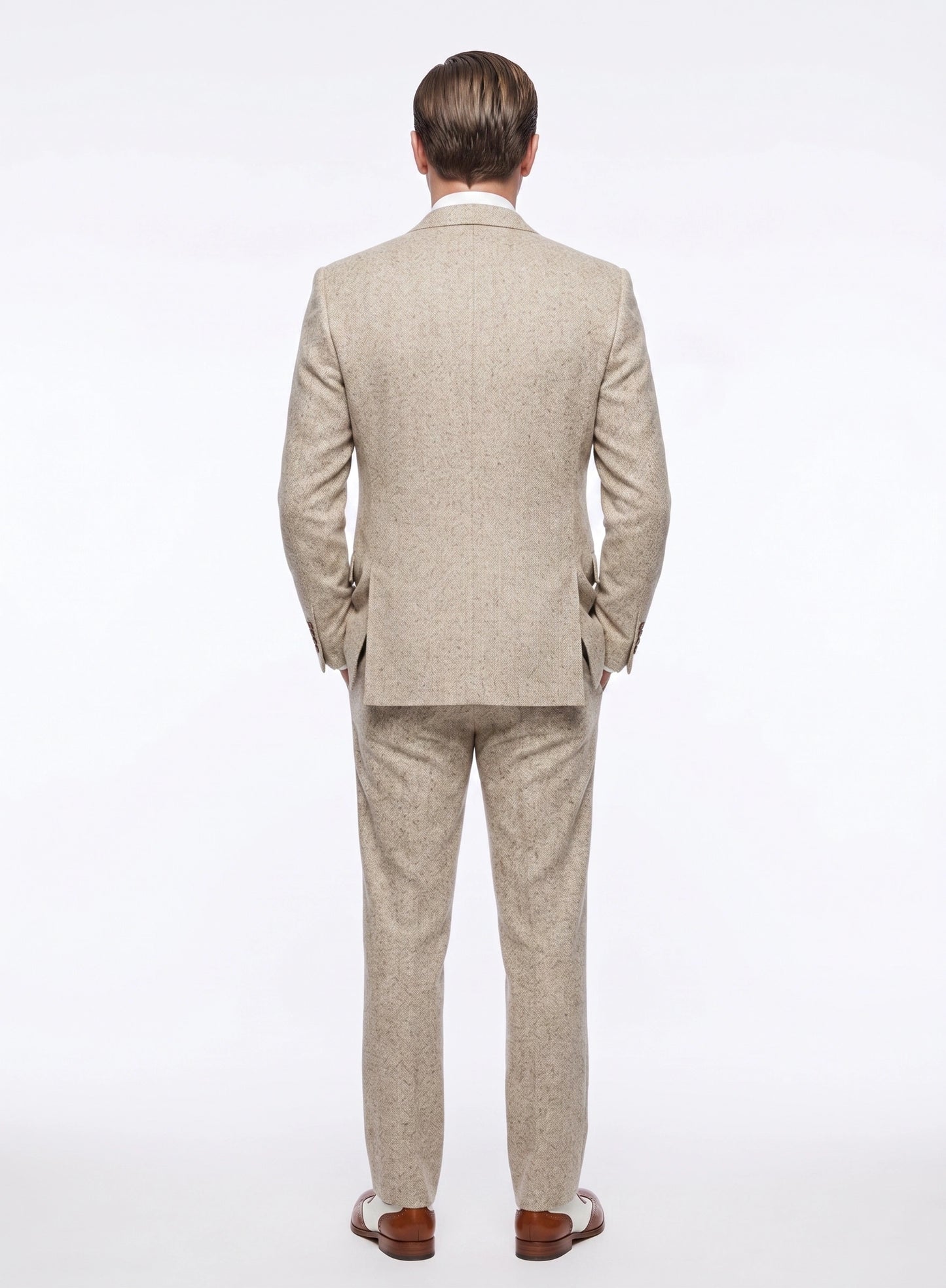 Men’s Light Tan Tweed Great Gatsby 3 Piece Suit – Vintage Vested Wedding Suit, 1920s Classic Formal Outfit Herringbone
