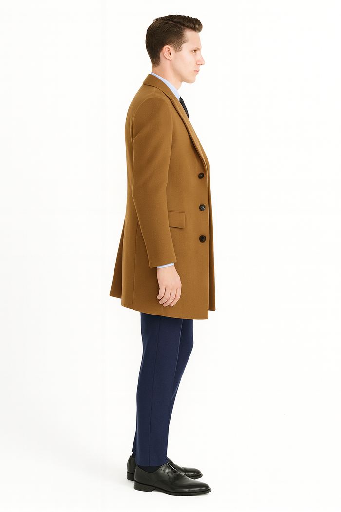 Men’s Camel Brown Wool Overcoat – Classic Long Dress Coat for Business and Casual Wear in Vecuna Color