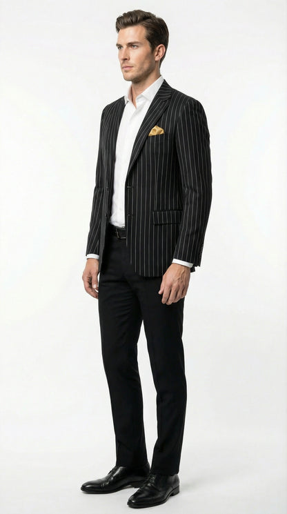 Men’s Black Pinstripe Blazer – Classic Tailored Formal Jacket for Business, Office and Evening Wear