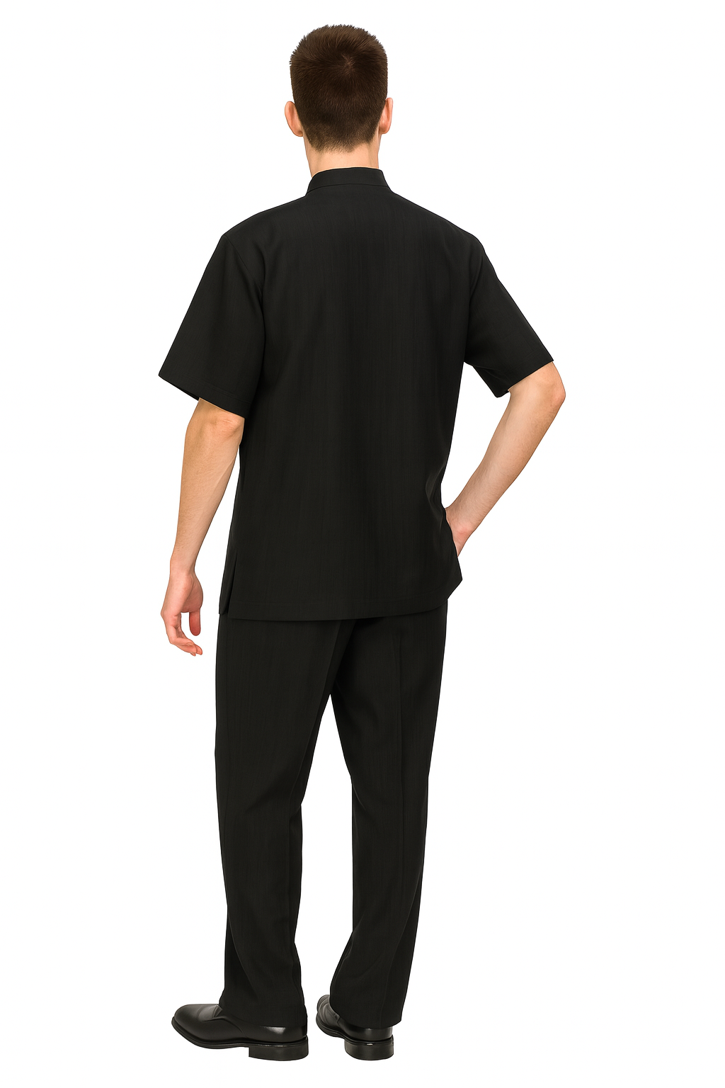Men’s Black Banded Collar Walking Suit – Short Sleeve Shirt and Matching Pants Banded Collar Linen Fabric 4   - from alligatorwarehouse.com