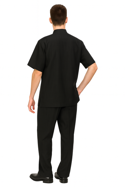 Men’s Black Banded Collar Walking Suit – Short Sleeve Shirt and Matching Pants Banded Collar Linen Fabric