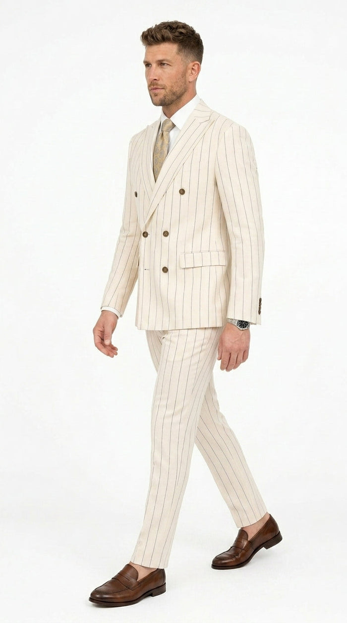 Men’s Cream Off White Pinstripe Pinstripe 2 Piece Double Breasted Suit, Summer Wedding Ivory Color By Vitali