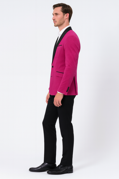 Men’s Fuchsia Tuxedo Blazer with Black Satin Lapel – Stylish Party and Wedding Jacket in Hot Pink Color with Black Pants 4   - from alligatorwarehouse.com