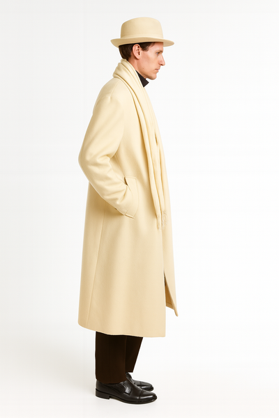Men’s Long Cream Overcoat Wool Fabric in Ivory Off White Color Full length 5   - from alligatorwarehouse.com