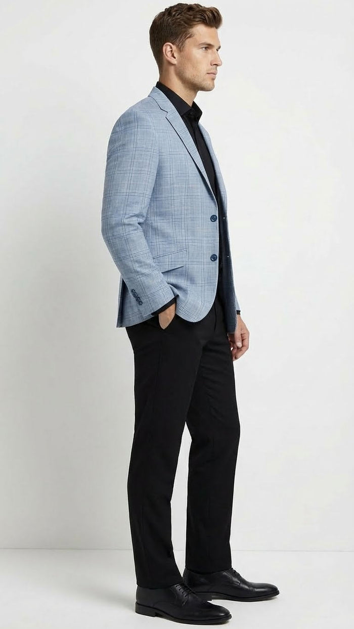 Men’s Big and Tall Light Blue Checkered Blazer and Sport Coat – Sky powder blue windowpane plaid pattern Jacket
