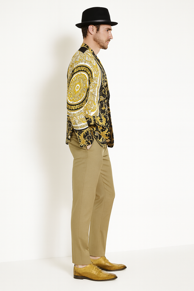 Men’s Black and Gold Baroque Blazer with Matching Pants, Hat, and Shoes – Luxury Party and Wedding Outfit Set 7   - from alligatorwarehouse.com