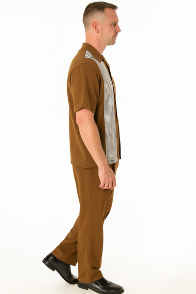Men’s Cognac Tan Two-Piece Outfit – Short Sleeve Button-Up Shirt and Pants Set 5   - from alligatorwarehouse.com