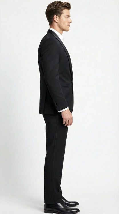 Tiglio Designer Men’s Black Single Button Tuxedo Suit – Formal Black Business and Wedding Suit Shawl Collar  Super 150's Wool Fabric