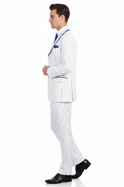 Men’s White and Royal Blue Pinstripe 3-Piece Suit – Classic Fit Blazer with Vest, Pants, and Tie