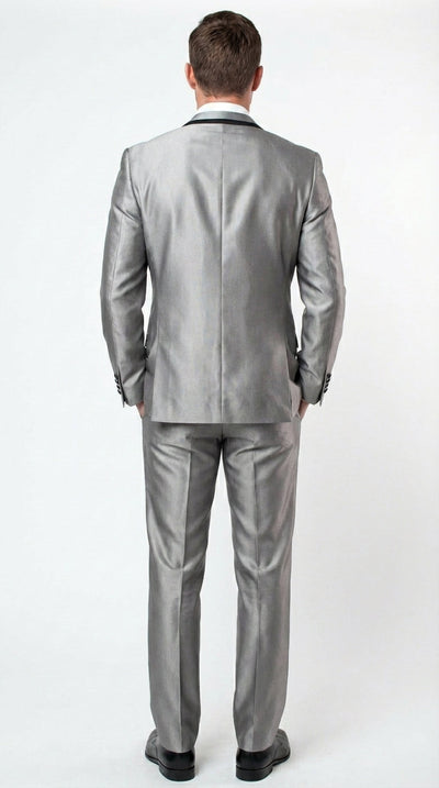 Men’s Silver Sharkskin Tuxedo Suit with Black Piping – Shiny Two Button Formal Suit for Wedding, Prom and Party Wear