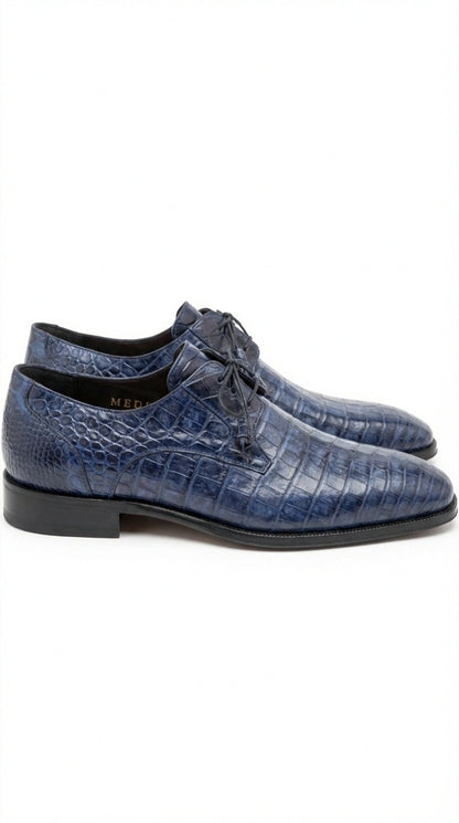 Mezlan Blue Crocodile Alligator Embossed Leather Dress Shoes for Men – Luxury Lace Up Oxford Shoes – Blue Exotic Pattern Formal