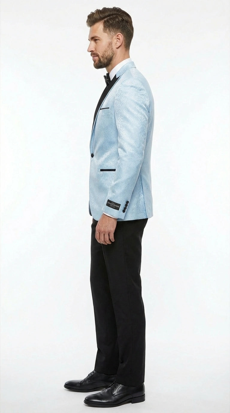 Men’s Baby Blue Tuxedo Blazer with Black Lapel – Formal Dinner Jacket for Wedding, Prom and Evening Events  in Sky Light Blue Color
