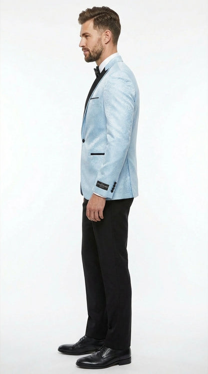 Men’s Baby Blue Tuxedo Blazer with Black Lapel – Formal Dinner Jacket for Wedding, Prom and Evening Events  in Sky Light Blue Color