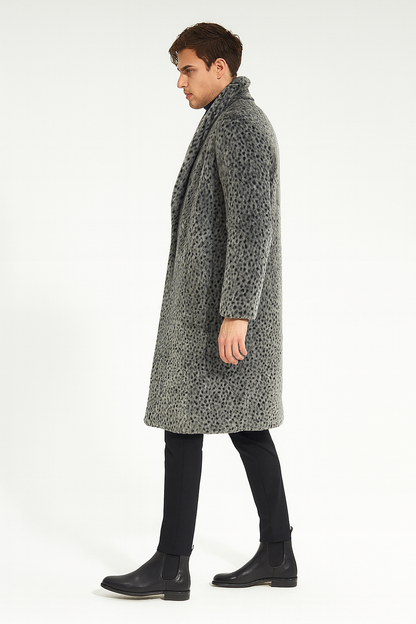 Men’s Luxury Long Grey Faux Fur Coat – Winter Overcoat with Animal Print Design