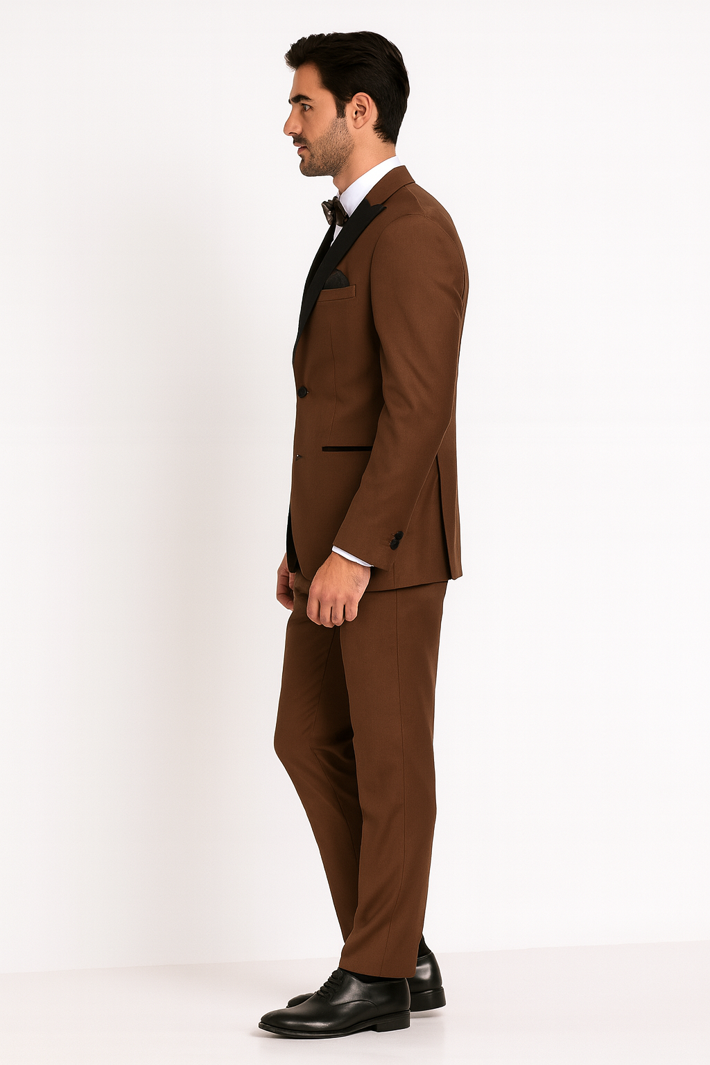 Men’s Light Brown Tuxedo Suit with Black Satin Lapel – 3 Piece Formal Wedding & Prom Outfit - Country Look