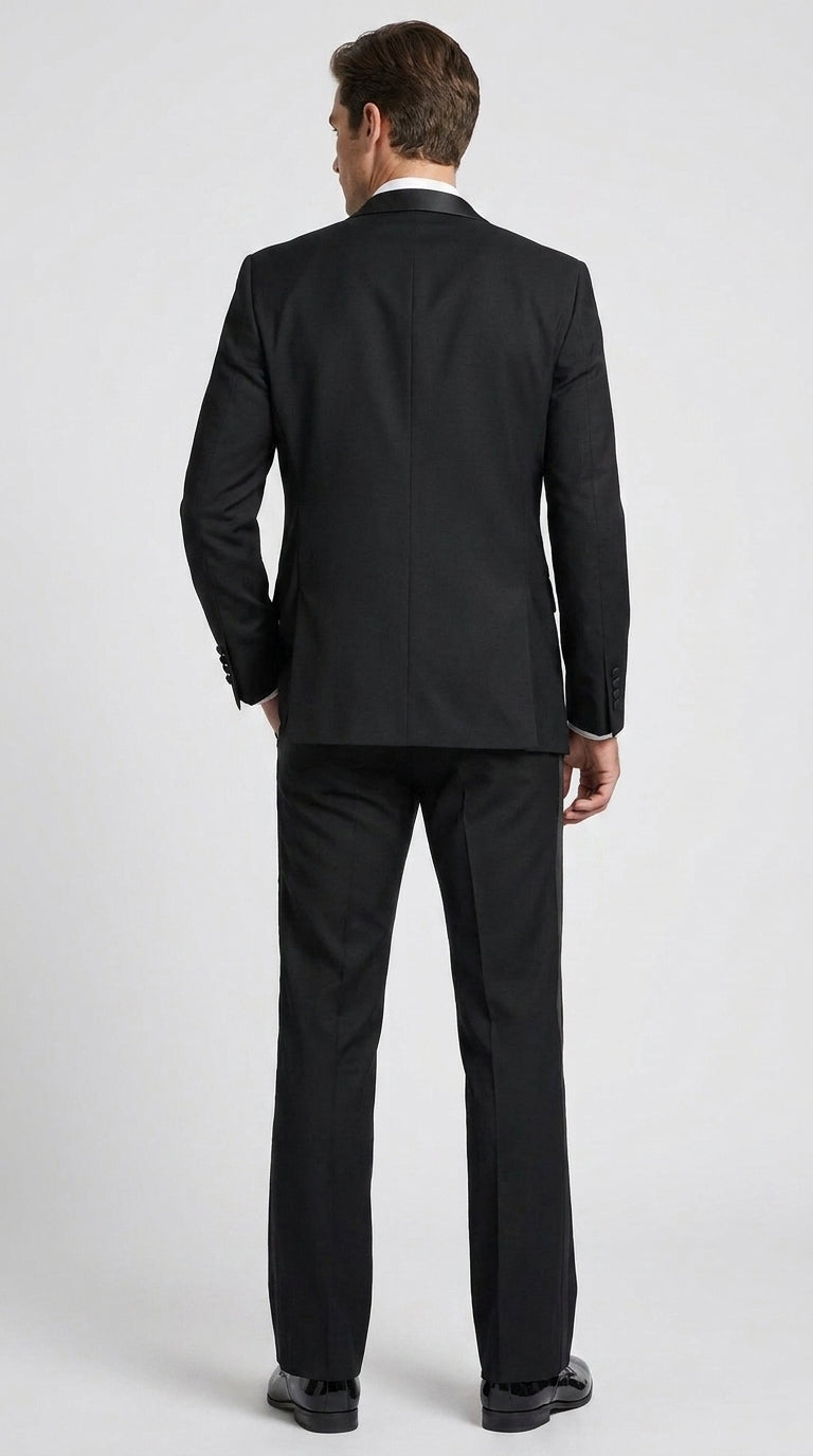 Men’s Black Boot Cut 3-Piece Tuxedo Suit – Peak Lapel Wedding, Prom and Formal Suit 1970s Style